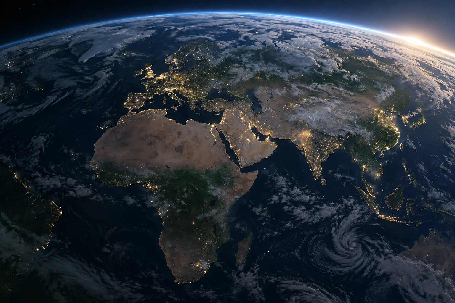 Conceptual view of Earth's horizon and illuminated settlements across continents.